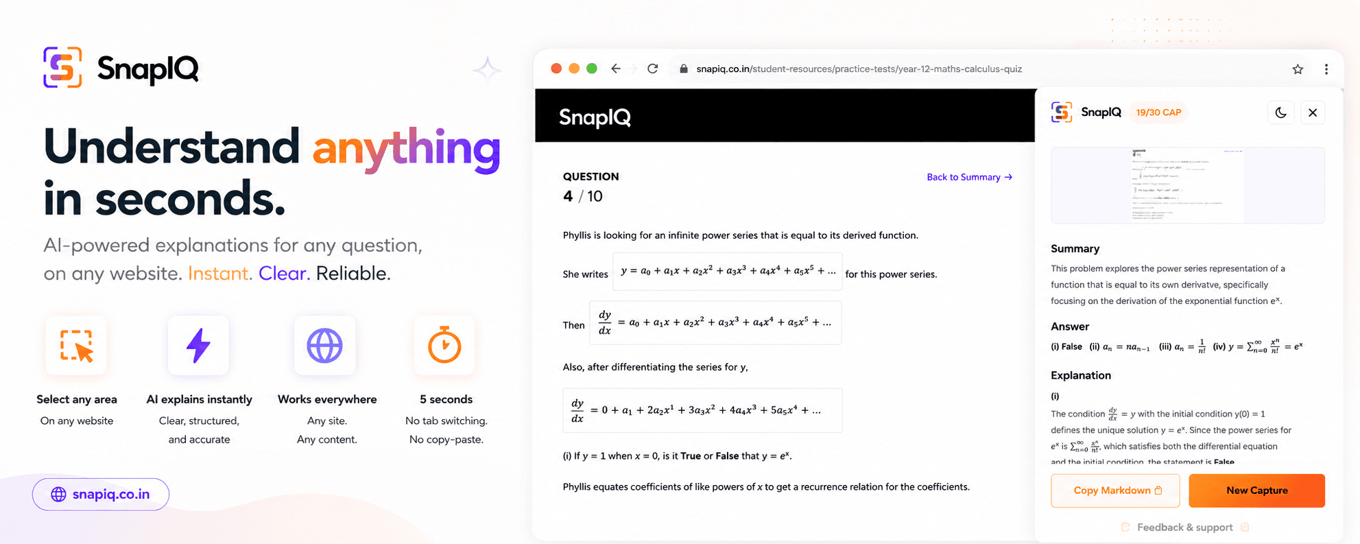 SnapIQ Chrome extension solving a math equation from a screenshot in real time
