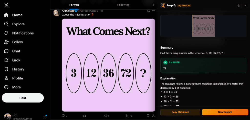 SnapIQ AI puzzle solver explaining a viral number sequence puzzle on Twitter/X directly in the browser